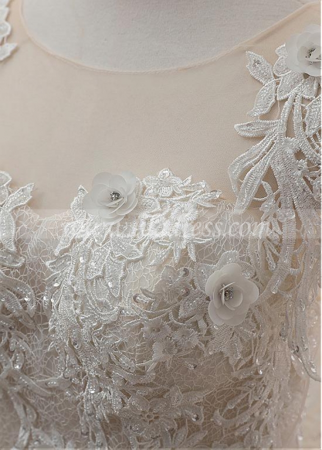 Eye-catching Tulle Jewel Neckline Ball Gown Wedding Dress With Lace Appliques & Beadings