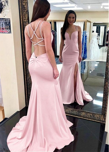 Pink Spaghetti Straps Neckline Mermaid Prom Dress with Slit