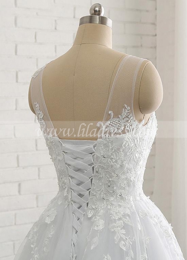 Glamorous Jewel Neckline A-line Wedding Dresses With Lace Appliques & Beadings