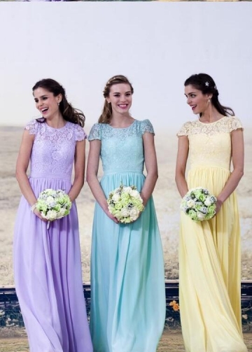 A-line Cap Sleeves Lace Chiffon Long Wedding-Guest-Dresses