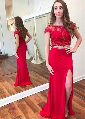 Charming Red Jewel Neckline Cap Sleeves Two-piece Sheath/Column Prom Dress With Beaded Lace Appliques