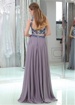 Popular Tulle & Chiffon High Collar Neckline Floor-length Two-piece A-line Prom Dresses With Beadings