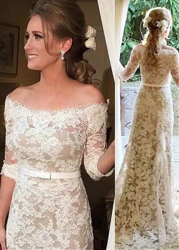 Fascinating Lace Off-the-shoulder Neckline Sheath/Column Wedding Dress With Belt