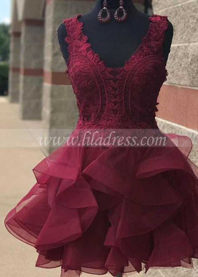 Burgundy Lace Short Homecoming Gown with Horsehair Skirt