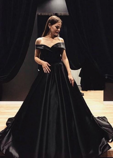 Black Satin Evening Gown with Fold Off-the-shoulder