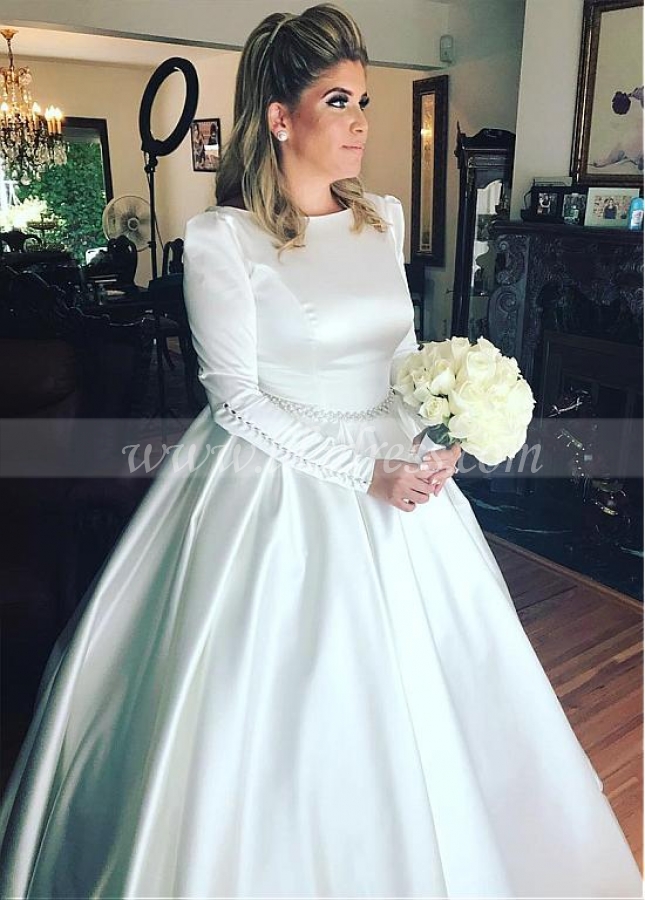 Simple Satin Jewel Neckline Ball Gown Wedding Dresses With Beadings