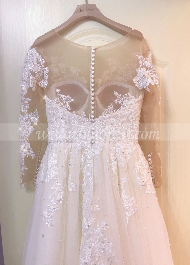 Cathedral Train Wedding Dress with Lace Long Sleeves