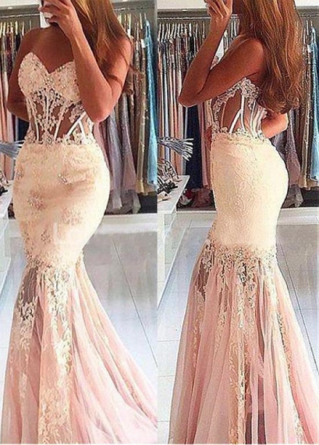 Formal Tulle Sweetheart Neckline Mermaid Evening Dress With Beaded Lace Appliques
