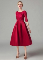 Brilliant Lace & Satin A-line Tea Length Homecoming / Bridesmaid Dresses with Sleeves