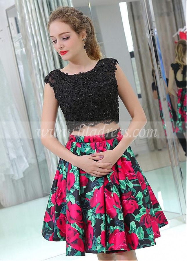Excellent Scoop Neckline A-line Two-piece Print Homecoming Dresses With Beaded Lace Appliques