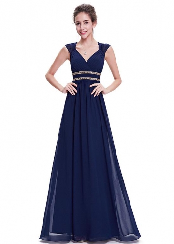 Stunning Chiffon V-neck Neckline Cap Sleeves Cut-out A-line Prom Dresses With Beadings