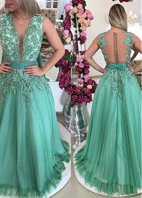 Graceful Tulle V-neck Neckline A-line Prom Dress With Beaded Lace Appliques & Bowknot