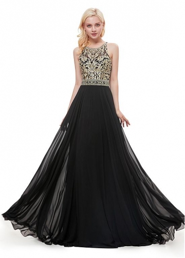 Glamorous Chiffon Jewel Neckline Floor-length A-line Prom Dress With Beadings & Embroidery