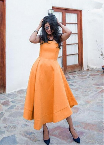 Newest Orange Strapless Neckline Tea-length A-line Prom Dress