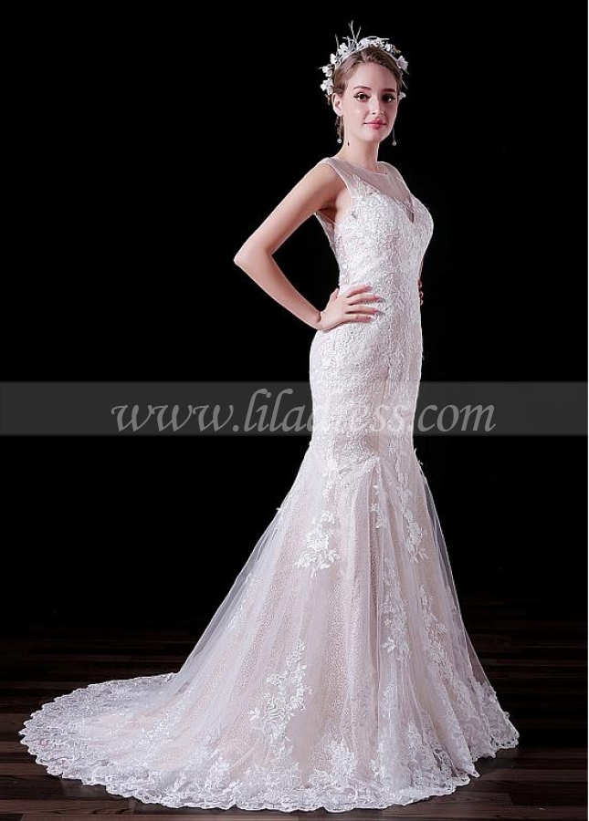 Glamorous Tulle Jewel Neckline Floor-length Mermaid Wedding Dresses With Lace Appliques