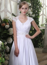 Graceful Satin Chiffon V-neck Neckline Lace Appliques A-line Wedding Dresses