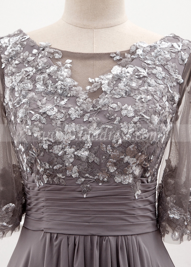 Wonderful Chiffon Bateau Neckline A-line Mother Of The Bride Dress With Sequin Lace Appliques