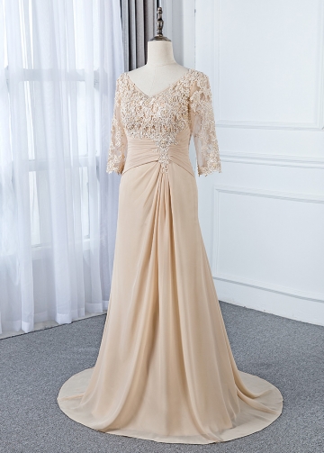 Delicate Tulle & Chiffon V-neck Neckline Sheath/Column Mother Of The Bride Dress With Beaded Lace Appliques