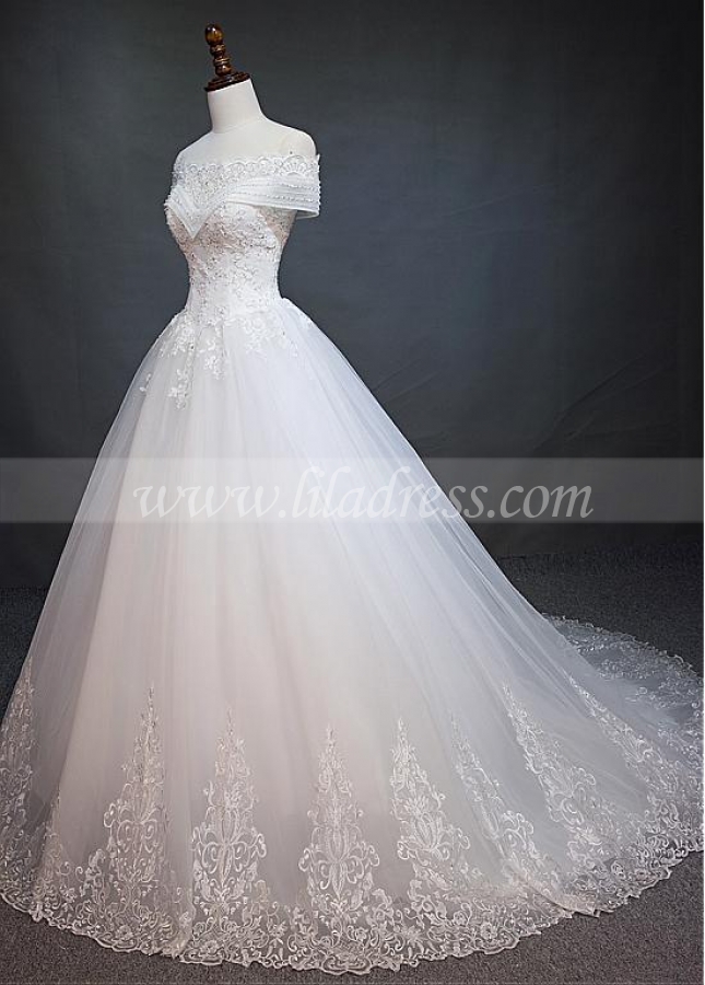 Marvelous Tulle Off-the-shoulder Neckline Ball Gown Wedding Dress With Beaded Lace Appliques