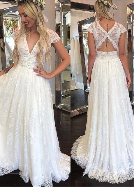 Eye-catching Lace V-neck Neckline A-line Wedding Dresses