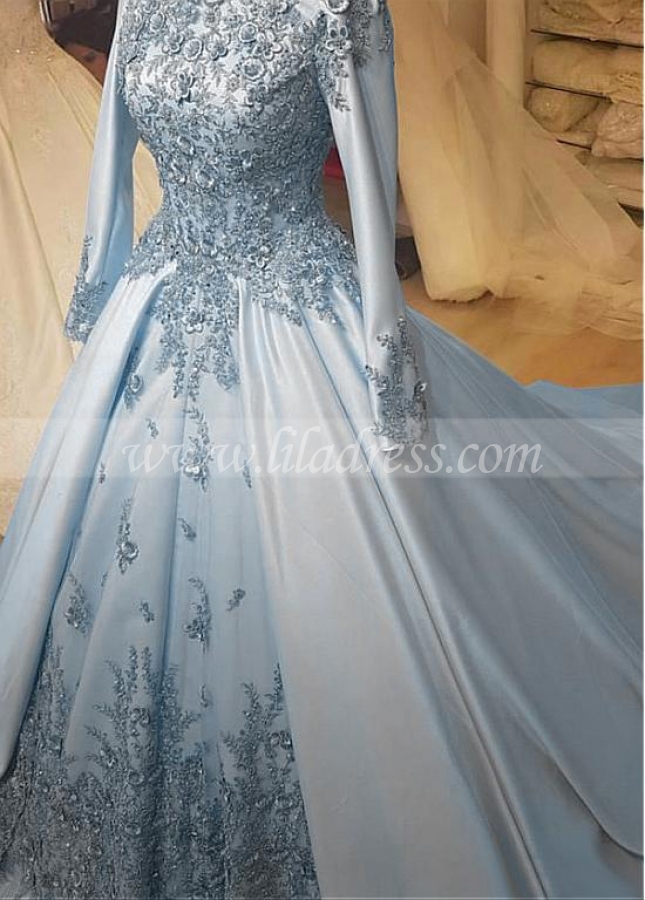 Vintage Satin High Collar Natural Waistline A-line Wedding Dress With Beaded Lace Appliques & 3D Flowers