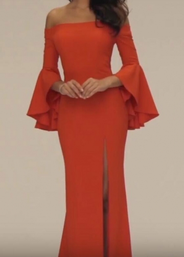 Floor Length Satin Orange Red Evening Gown Flare Sleeves