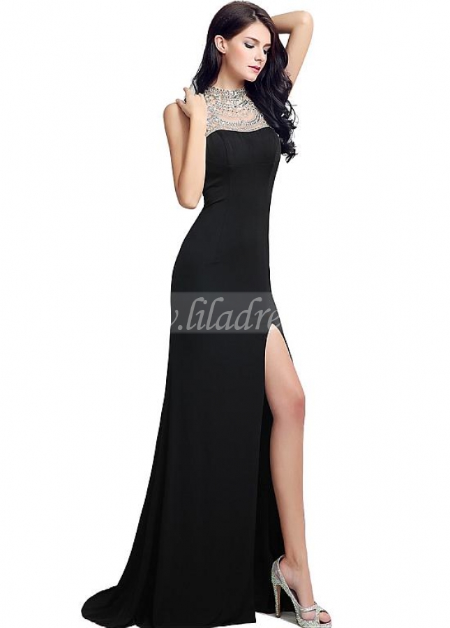 Amazing Black High Collar Cut-out Sheath Evening Dresses With Slit