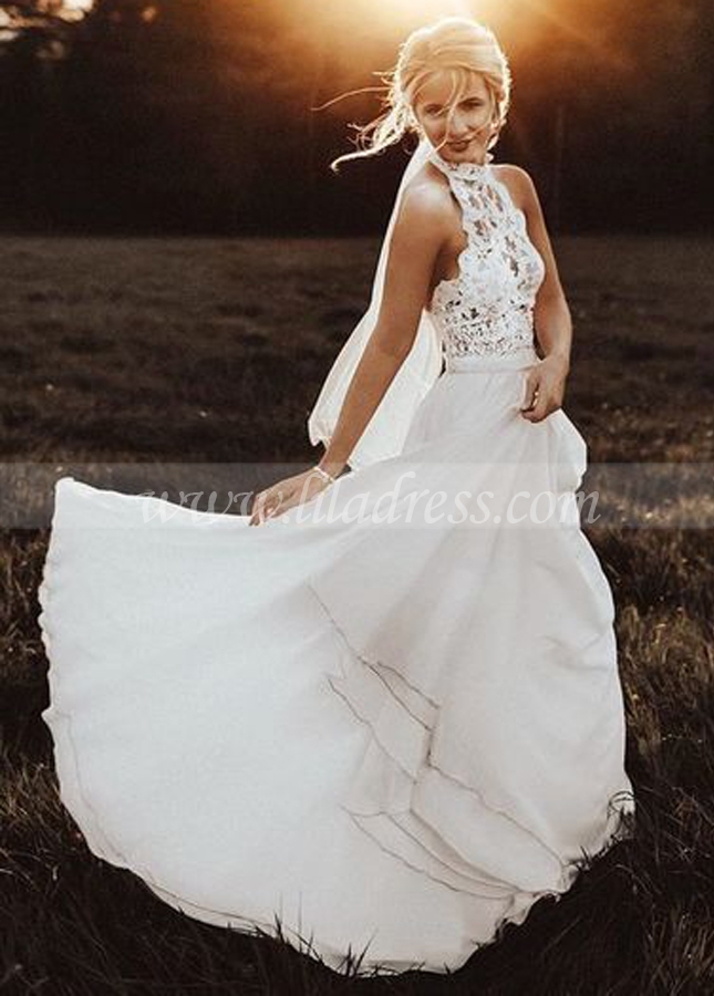 Cheap Halter Lace Beach Wedding Dress with Chiffon Skirt Online ...
