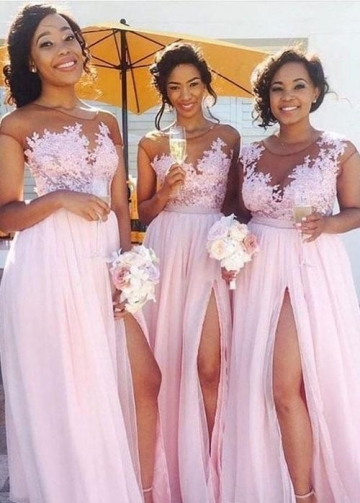 Illusion Lace Chiffon Pink Bridesmaid Dresses Nignia