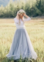 Illusion Neckline Lace Outdoor Wedding Dresses with Dusty Blue Skirt
