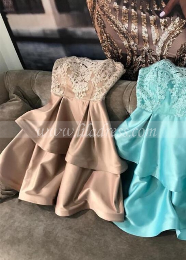Lace Strapless Champagne Homecoming Dresses with Satin Layers Skirt