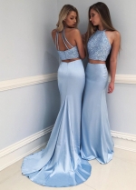 Light Blue Rhinestones Mermaid Prom Dresses 2 Piece