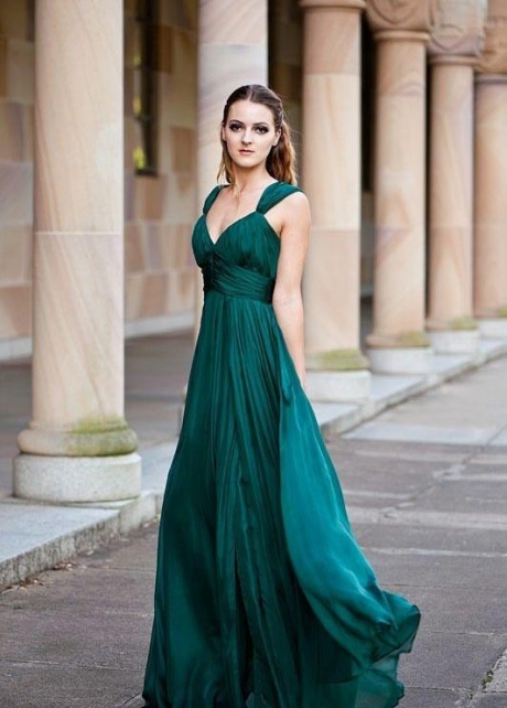 Long Chiffon Green Prom Dress with Ruching Bodice