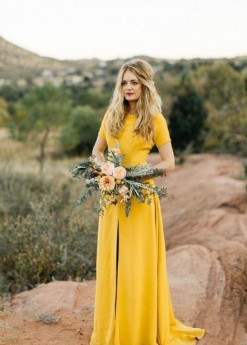 Mustard Bridesmaid Wedding Guest Dress with Short Sleeves