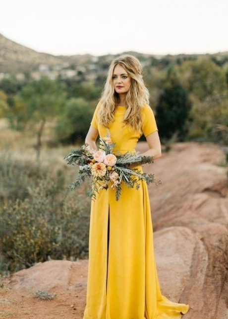 Mustard Bridesmaid Wedding Guest Dress with Short Sleeves