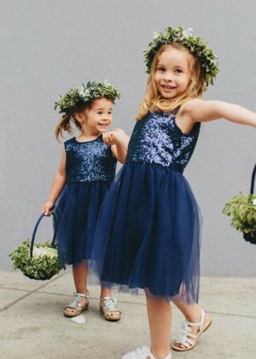 Navy Blue Sequin Tulle Children Flower Girl Dresses Knee Length