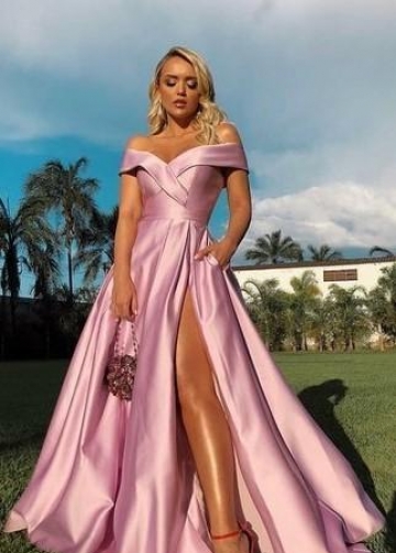 Off-the-shoulder Pink Prom Gowns with High Leg Slit