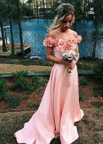 Pink Flowers Off-the-shoulder Prom Dresses with Satin Skirt