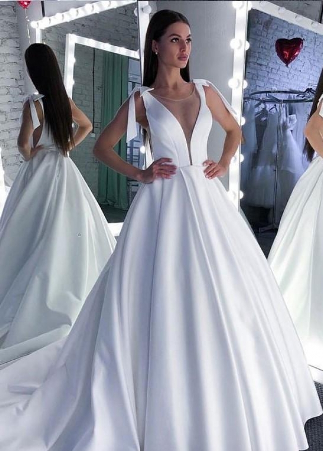 Cheap Pure White Satin Wedding Dress Illusion Plunging Neckline Online ...