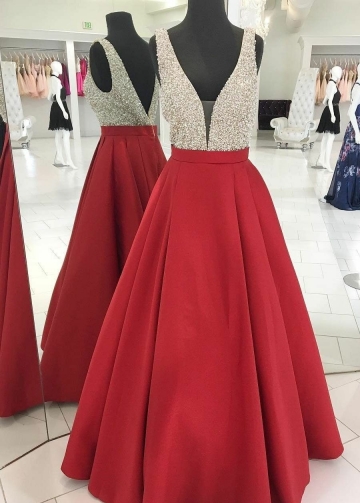Red Satin Prom Gown Beaded V-neckline Bodice