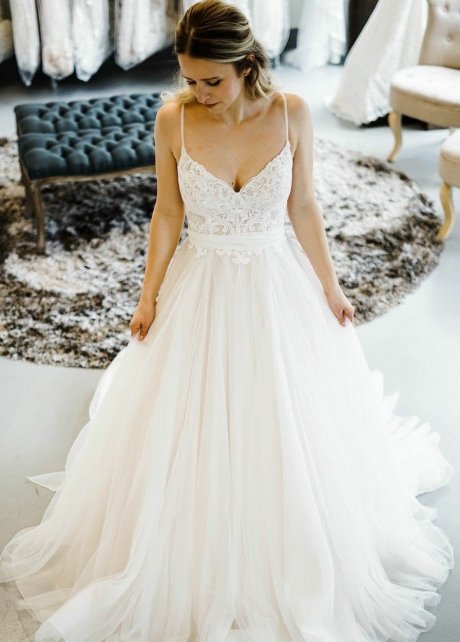 Sweetheart Sheer Lace Corset Wedding Dresses Satin Skirt