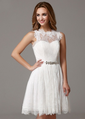 Sleeveless Short Lace Little White Dress for Homecoming Party