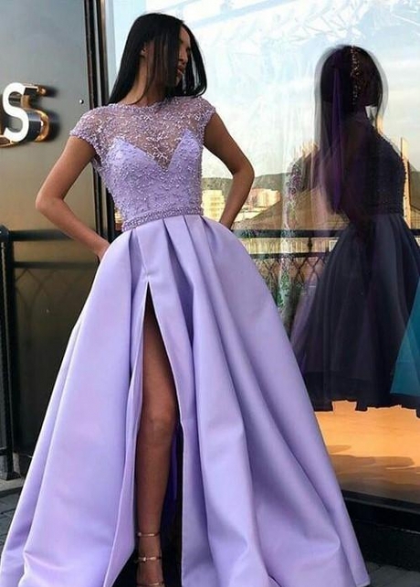Sheer Crystals Lavender Evening Prom Dress with Cap Sleeves