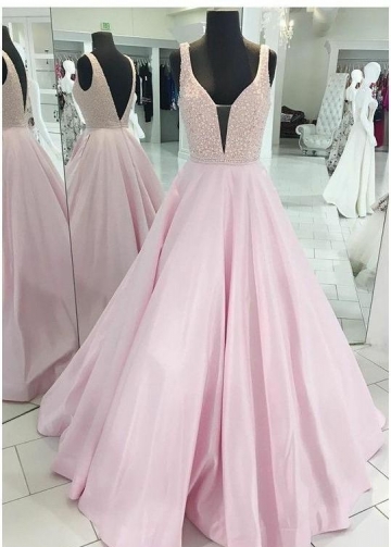 Satin Pink Evening Dresses with Rhinestones Bodice