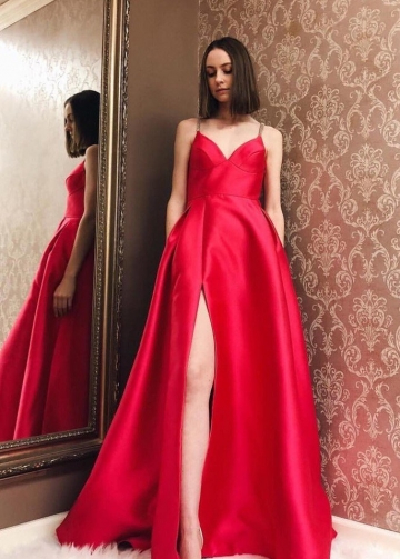 Satin Red Evening Dress Formal Wear Gown with Double Straps