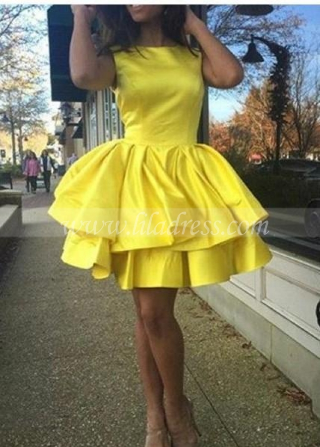 Tiered Skirt Yellow Homecoming Dresses Short Satin Gown