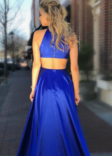 Thigh-high slit Royal Blue Long Prom Gown with Hollow Back