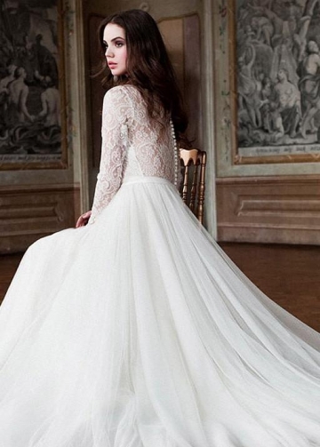 Champagne Tulle Wedding Dress with Illusion Lace Long Sleeves –  loveangeldress