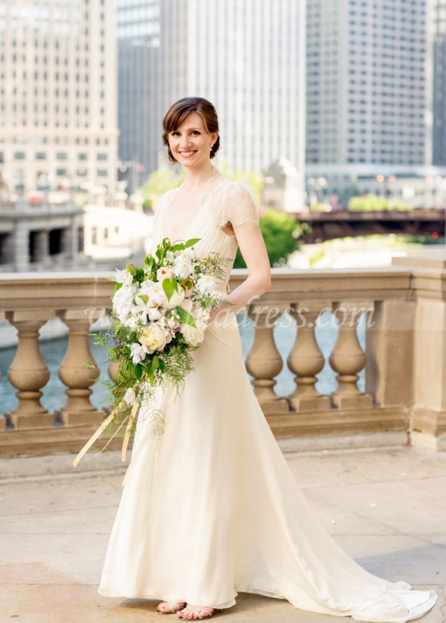 V-neckline Sheer Lace Chiffon Short Sleeves Wedding Gown Malaysia