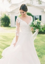 V-neck Lace Three Quarter Sleeves Organza Wedding Dresses